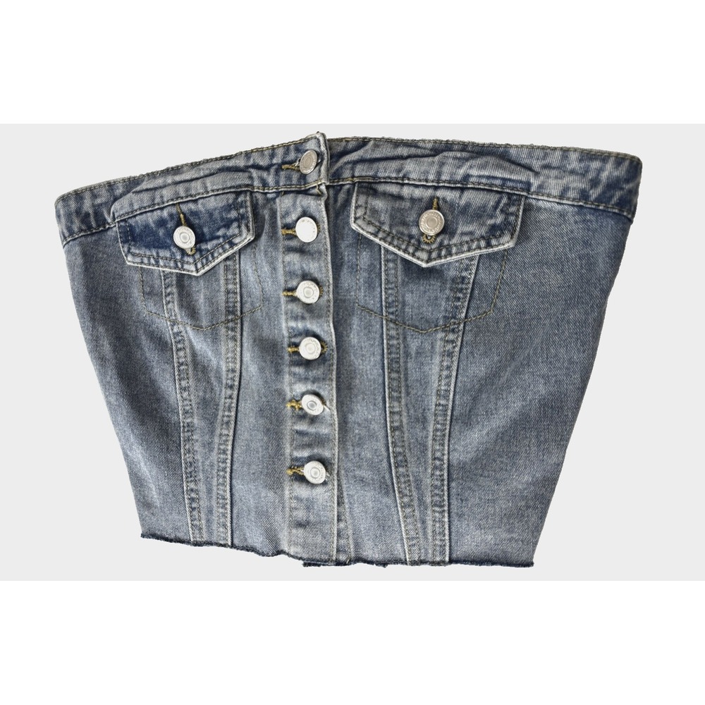 Blue Jean Denim Button Up Corset Tube Top Large Strapless Stretch Grunge Concert